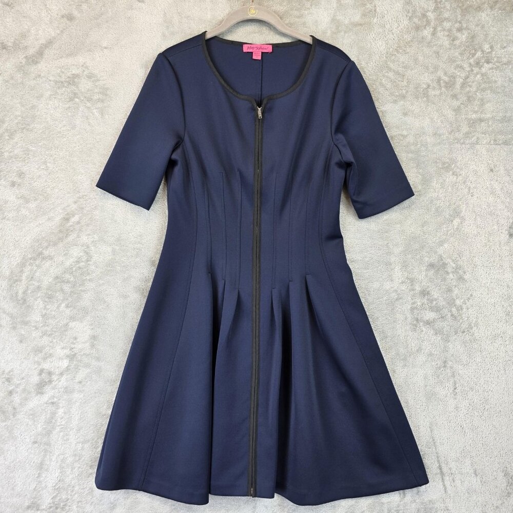 Betsey Johnson Dress Womens 6 Navy Blue Fit Flare Zip Front Short Sleeve Midi - Picture 1 of 10